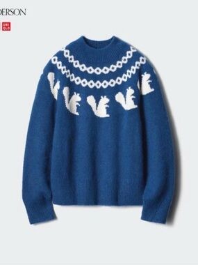 Uniqlo x JW ANDERSON Blue Crewneck Sweater with Cream Squirrel Yoke
